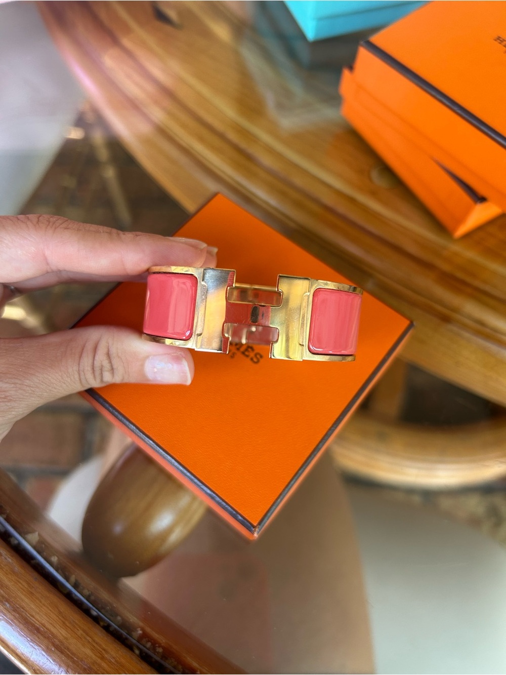 Hermes Coral Enamel Wide Cuff with Gold Hardware